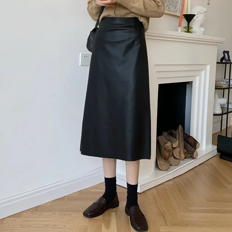 

KUSAHIKI Hing Waist PU Leather Elegant Woman Skirts Causal A-line Split Skirt 2021 Spring Mid-calf Bottoms Mujer Faldas 6G421