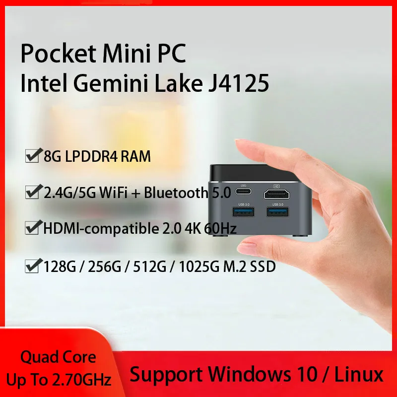 Мини ПК Win10 Pro / Linux 8G LPDDR4 ОЗУ J4125 двухдиапазонный WIFI 2 4G + 5 0G мини компьютер 4K 60 Гц