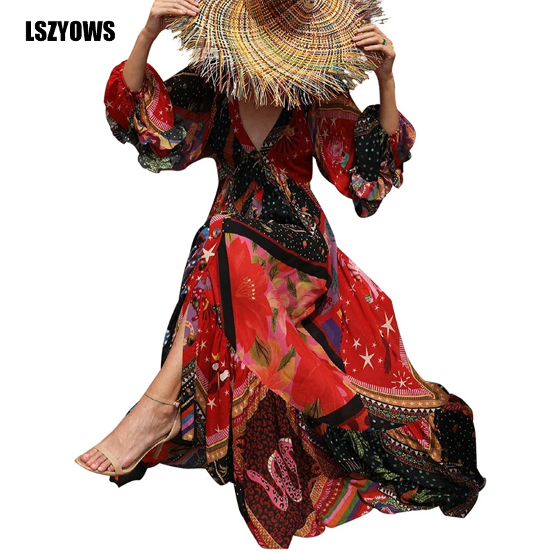 

Vintage Printed Dresses Women 2021 Sexy V Neck Long Sleeve Bohemian Dress Elegant Button Up Ruffle Hem Party Maxi Dress Vestidos