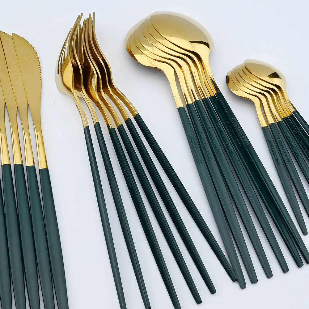 24Pcs Stainless Steel Dinnerware Set Kitchen Green Gold Cutlery Knife Fork Spoon Flatware Tableware Minimalist Silverware | Дом и сад