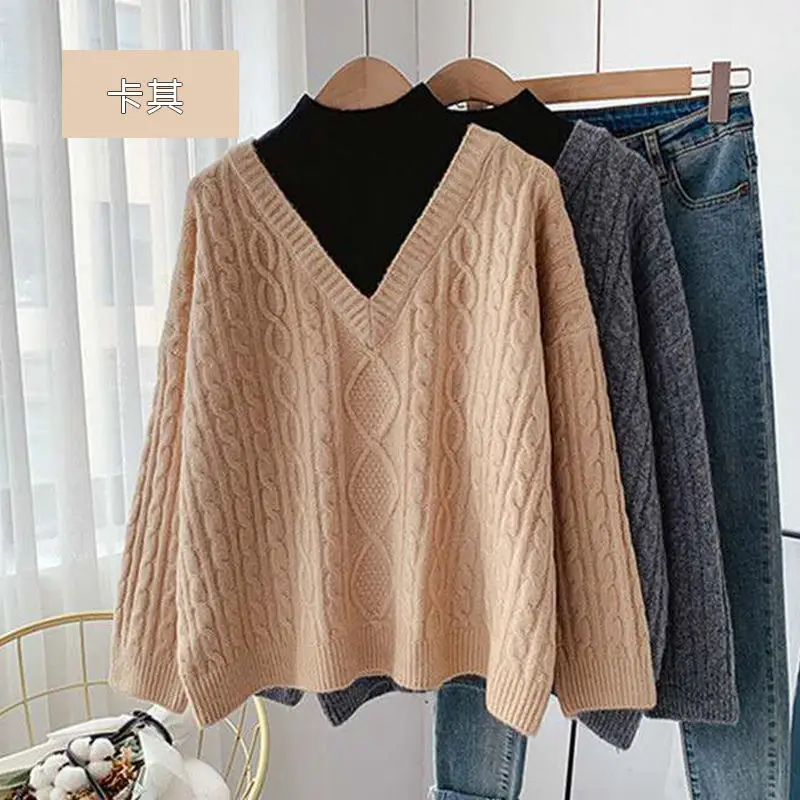 

Turtleneck sweater women pullover fake two-piece bottoming shirt student loose retro knit pullover long sleeve