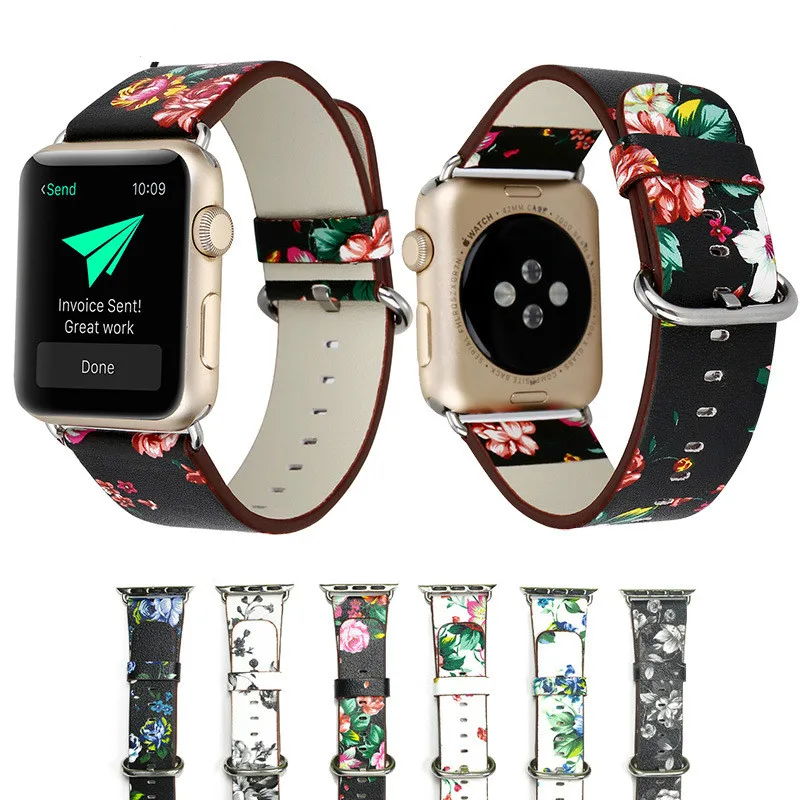 Apple watch кожаная лента с принтом 4 серия 44 мм 42 кожаный браслет серии 2 1 40 38 ремешки для часов iwatch iphone