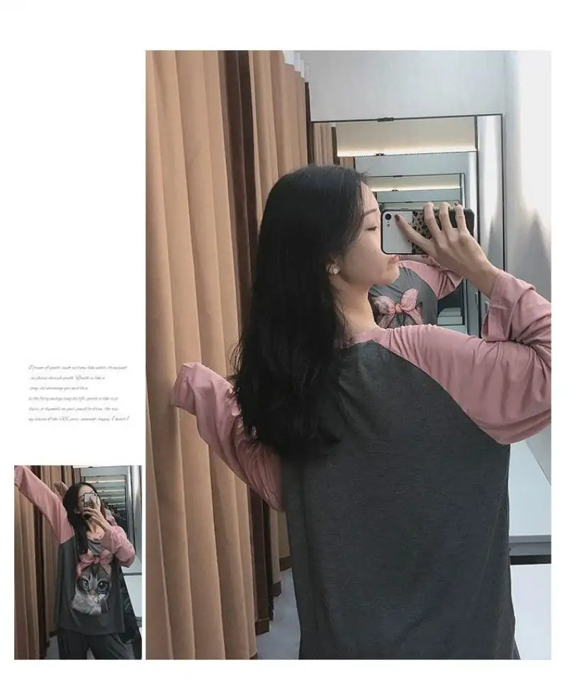 

Fashion Women All-Match Loose Round Neck Long Sleeve Trousers Stitching Cartoon Print Pajamas Set 2 /pce Set