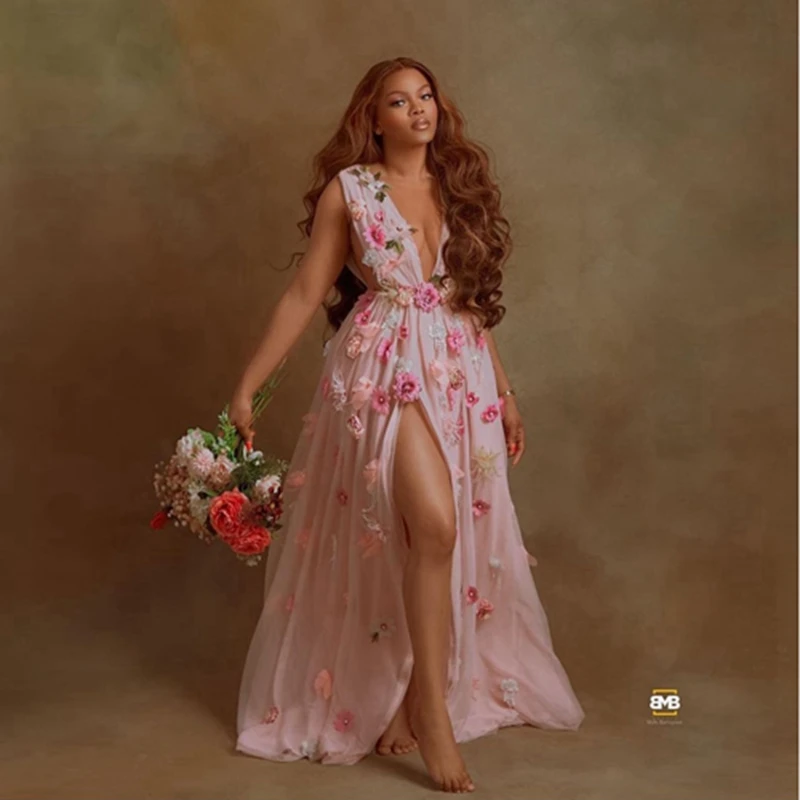 

Sexy Deep V Neck Flowers Bridal Dress To Photography Side Slit Sleeveless Floral Floor Length Maternity Women Gowns Plus Size
