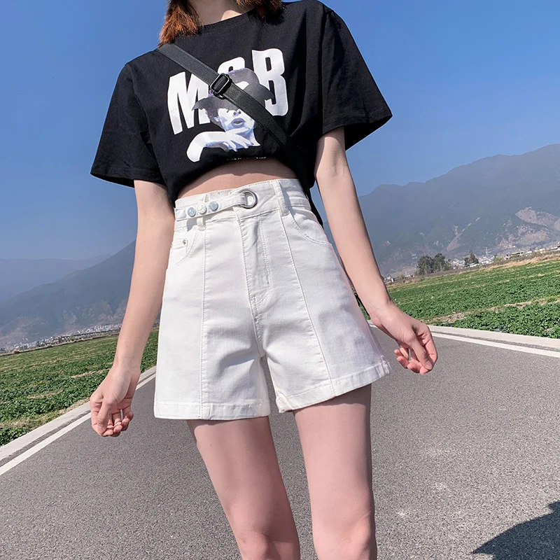 

Summer Women White Denim Shorts A-word High Waist Wide Legs Sweet Wild Refreshing Casual Girl Jeans Short Clothes 25- 40
