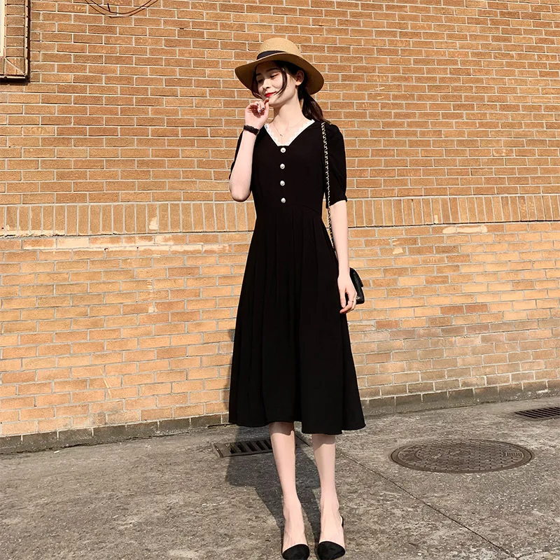 Платье женское средней длины с V образным вырезом и коротким рукавом|Женские