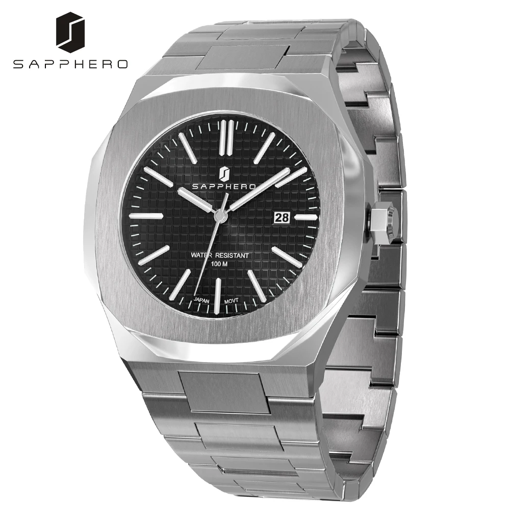 

SAPPHERO Часы для Mens 100M водонепроницаемый нержавеющей стали ремешок MIYOTA кварцевый Роскошный Повседневный Business Style Элегантный подарок