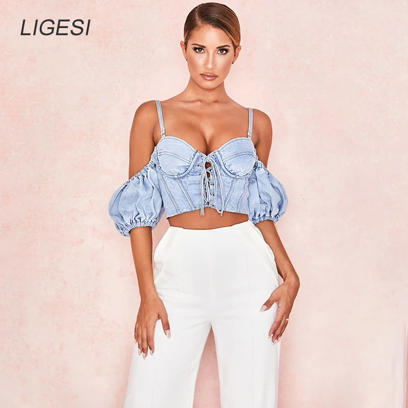 Джинсовый укороченный топ женская модная синяя джинсовая майка с пышными