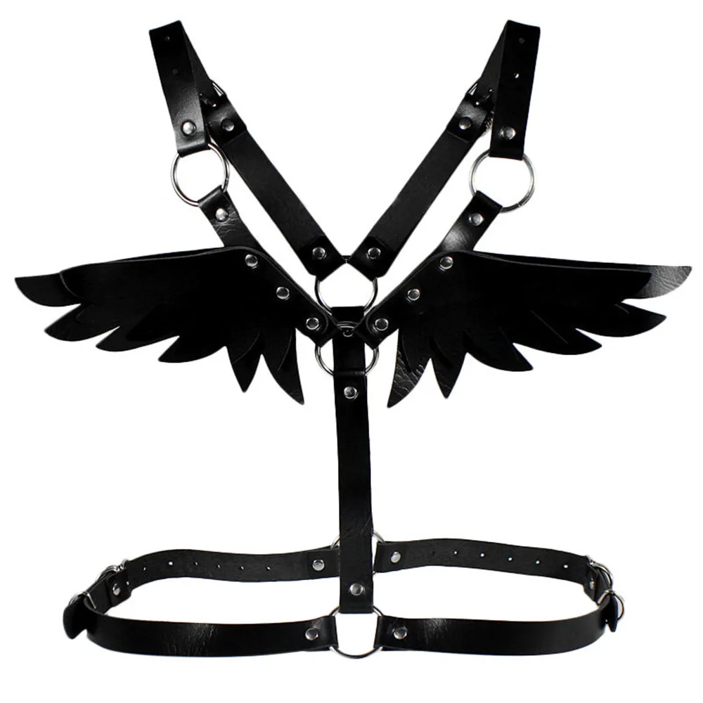 TRODEAM Leather Harness Fashion Black Angel Wings Chest Harness For Women Sexy Lingerie Goth Bra Cage Waist Band Bondage Female
