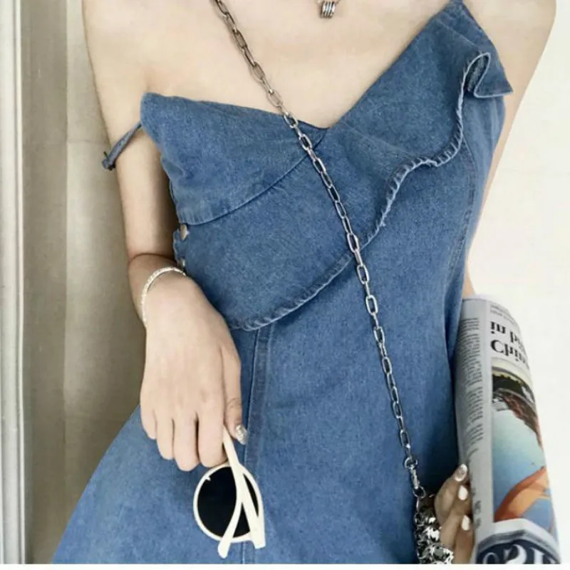 Женское летнее однотонное мини-платье винтажные джинсовые платья с оборками