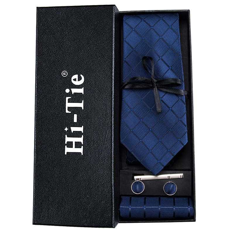 Фото Hi-Tie темно-синий плед для мужчин шелковые тканые галстуки однотонный широкий