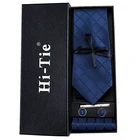 Hi-Tie темно-синий плед для мужчин шелковые тканые галстуки однотонный широкий галстук набор Запонки Зажим для галстука подарочная коробка для мужа мужской HB-1656
