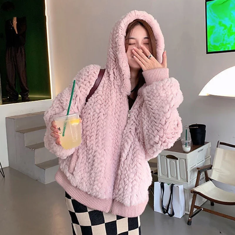 

2022 hooded fur jacket pink Knitted Real Rabbit Fur Coat Overcoat Jacket Fur Collar Russian Women's Winter Thick Warm faux Fur