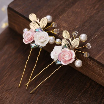 White Pink Crystal Ceramics Flower Leaf Hair Clips Ancient Style Hanfu Accessories Small Hairpin Girl Children Bride Wedding Hea 2