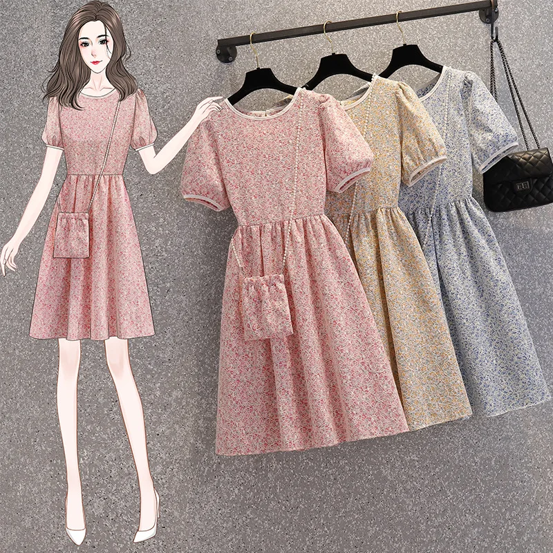 

2021 Large-size Women Summer Dress French New Waist-length Temperament Dress Loose Show Thin Fairy Bubble Sleeves Send Package