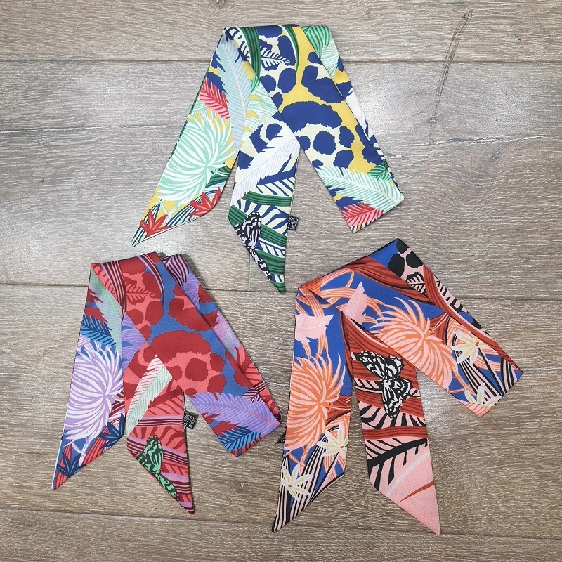 Новая женская платок-головной убор "Бабочка Цветок" от известного бренда роскошных дамских платков, обертка на сумку или руку, лента 2021 года дизайна, шелковая повязка для волос. G65.