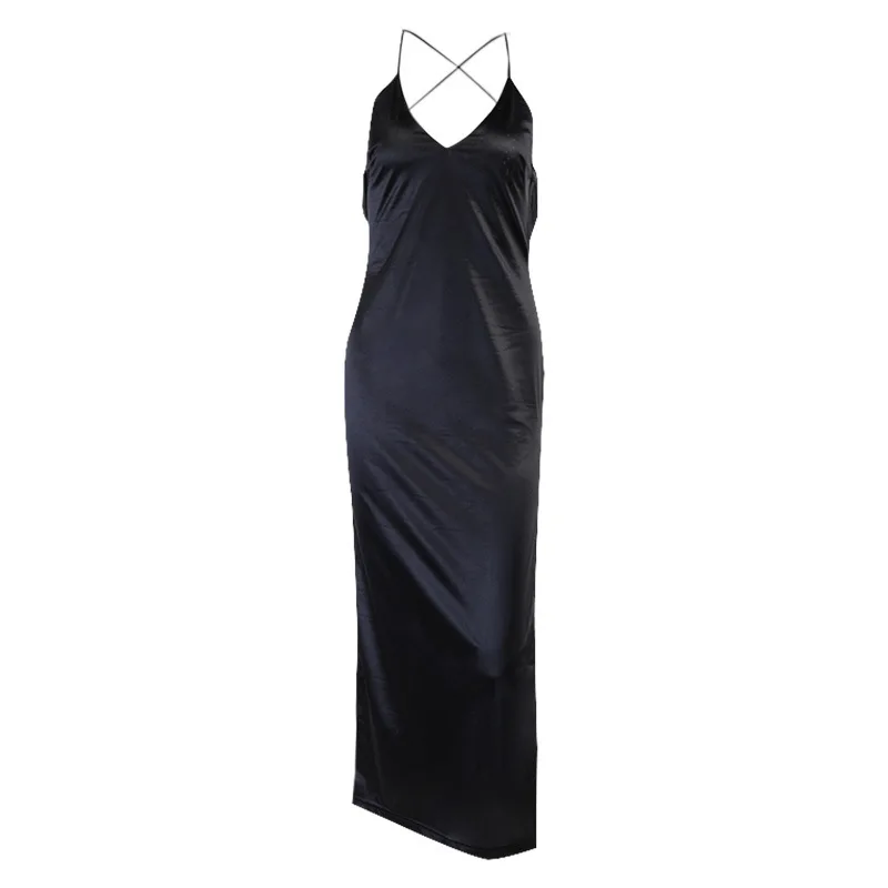 

Women Satin Spaghetti Strap Dress Sexy Deep V Neck Backless Nightclub Dresses 2021 Summer Elegant High Split Party Midi Dress