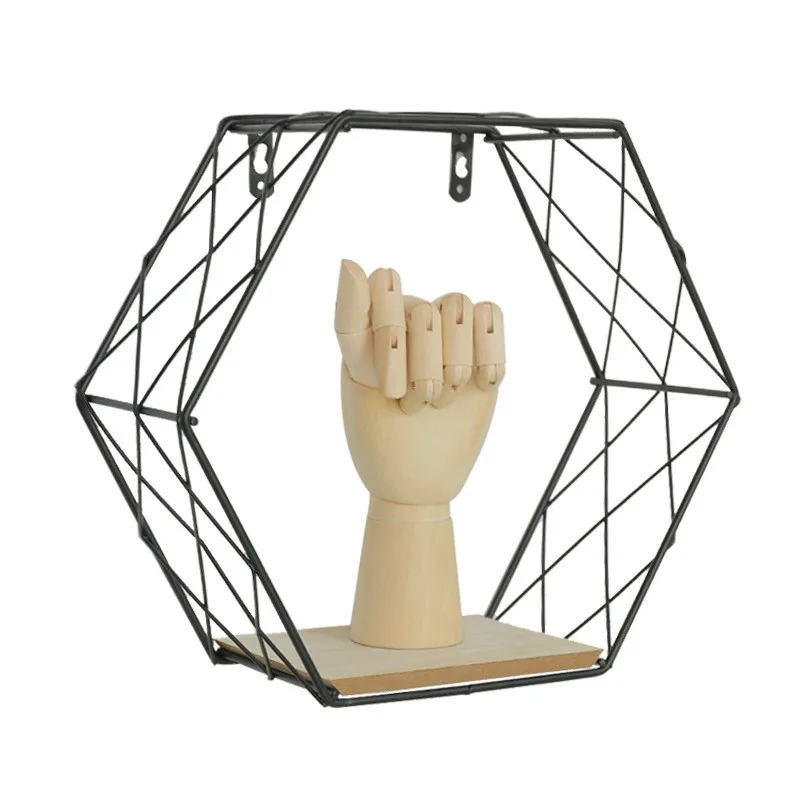 Nordic Metal Hexagon Storage Rack Wooden Wall Hanging Shelf Living Room Figurines Display Crafts Books Decoration Organizer | Дом и сад