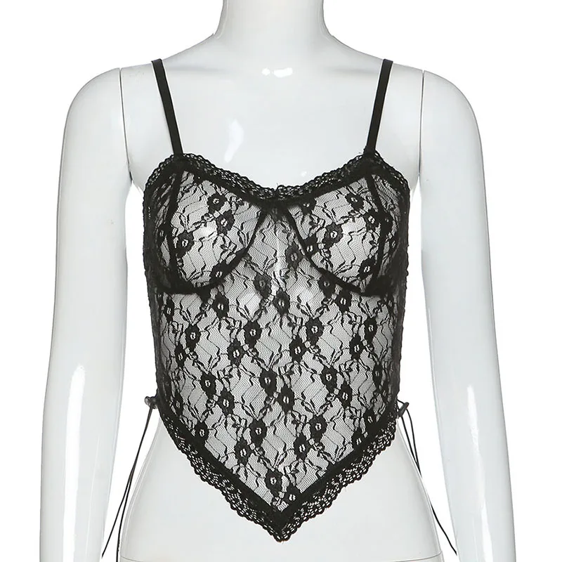 

women'sTank Tops pure color mesh lace sexy camisole Yarn Small Camisole Female Navel Sling 2021
