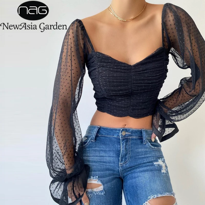 Женская блузка с длинным рукавом NewAsia Черная/бежевая в горошек рюшами и