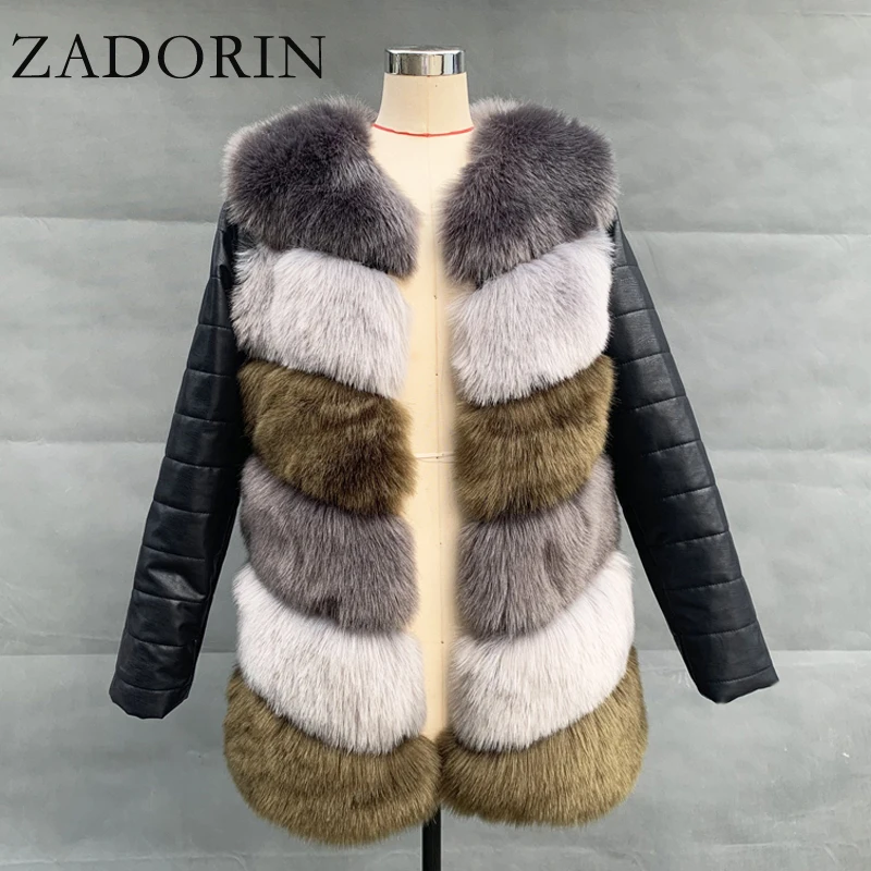 ZADORIN New Arrival Colored Faux Fox Fur Coat Detachable PU Long Sleeves Women Fluffy Faux Fur Jacket Veste Femme Winter