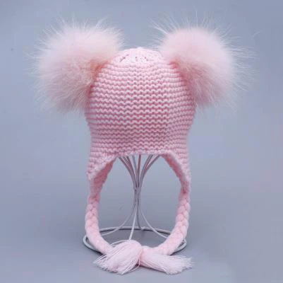 Детская шапка с меховым помпоном детская зимняя вязаная шапка-ушанка двумя