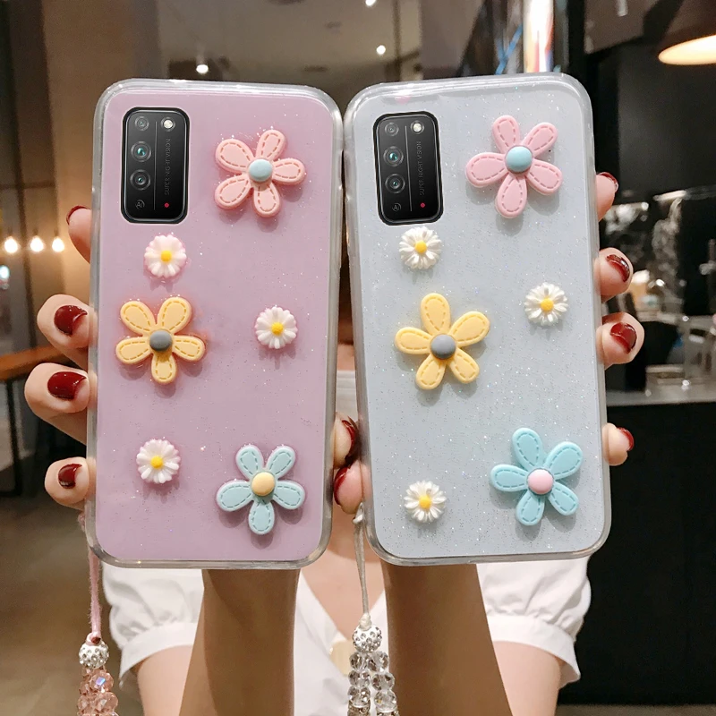 

Honor X10 3D Bloemen Glitter Phone Case For Huawei Honor X10 Transparante Bling Soft Tpu Back Cover