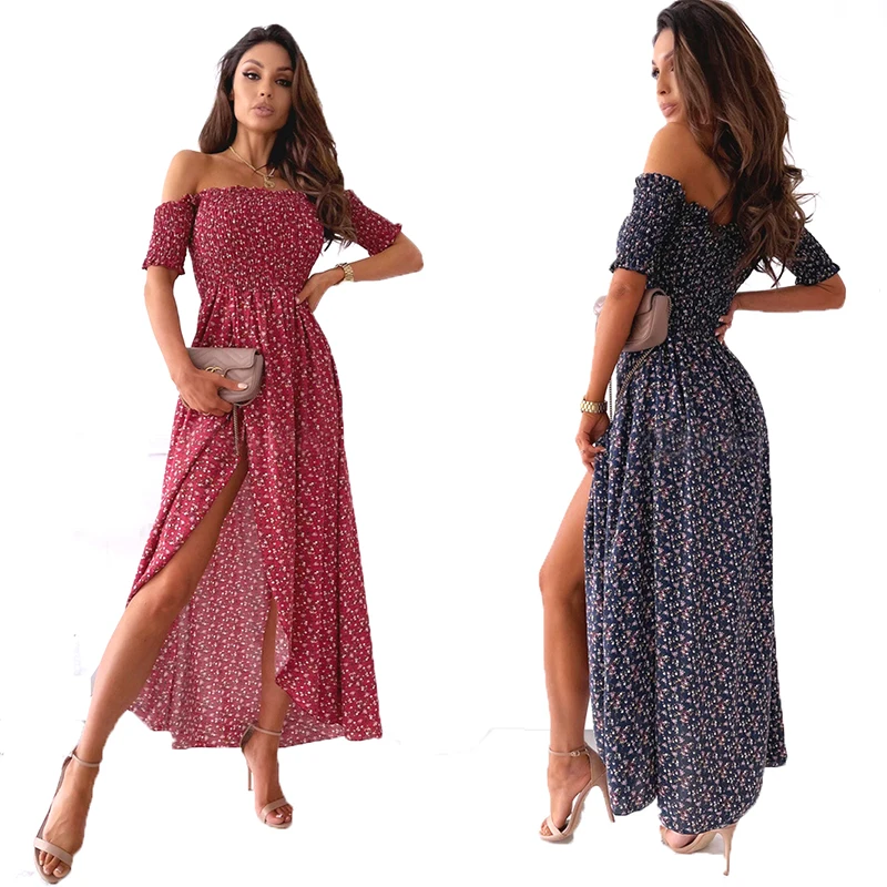 

2021 Summer Women's Short Sleeve Floral Neckline Sexy Banquet Split Long Skirt Fashion Beach Style Women Long Skirt
