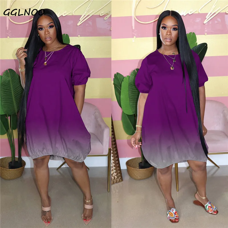 

GGLNOO Women Gradient O-neck Short Sleeve Loose Casual Dress Sexy Party Club Bandage Mini Fashion Dresses