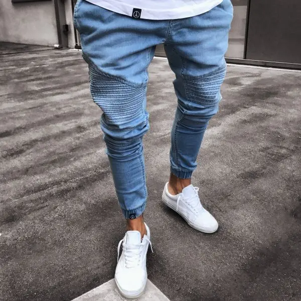 

New Men's Stretchy Elastic Waist Harem Pants Ripped Skinny Biker Jeans Destroyed Slim Fit Denim Pants Male Jogger Clothes