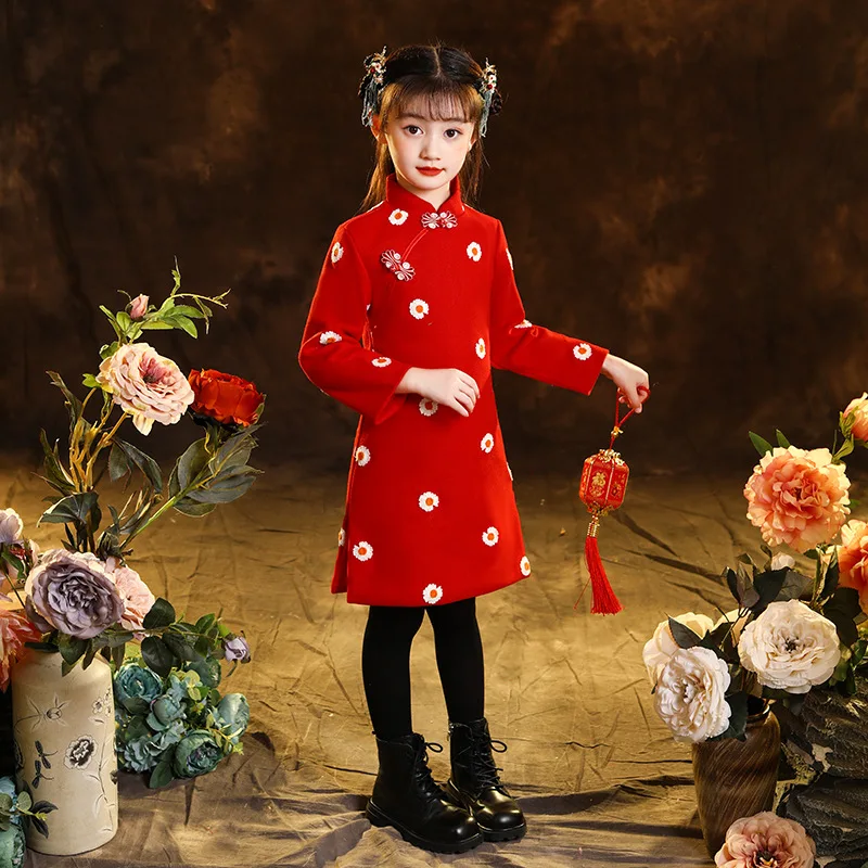 

Autumn Girls Cheongsam Chinese Style Embroidery Costume Wedding Birthday Party Clothing Long Sleeve Evening Dress Show Costume