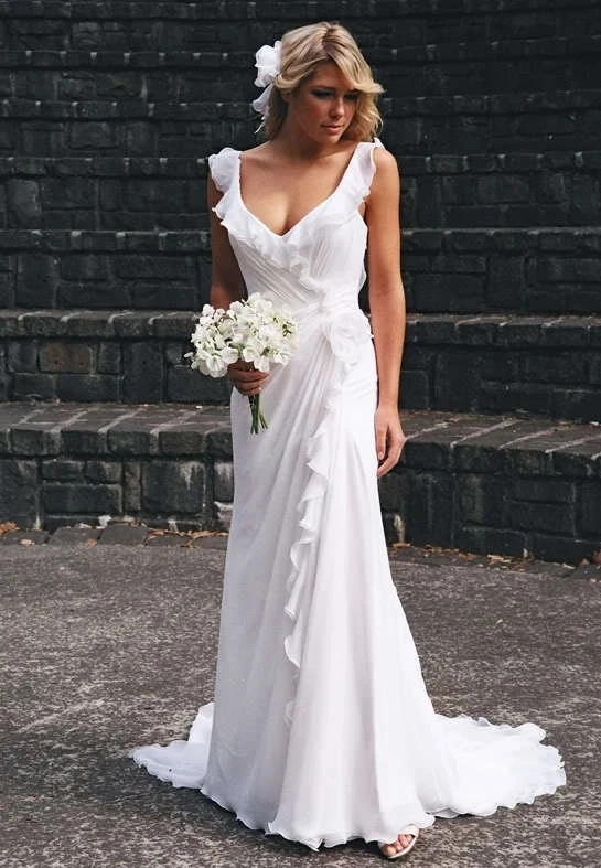

free shipping new hot платье backless bridal White chiffon cheap party ruffles flower vestido de noiva Bespoke Wedding Dresses