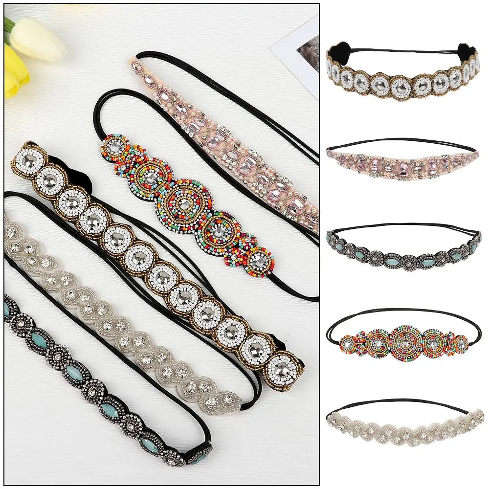 

5pcs Girls Stretchy Elastic Hairband Hair Accessories Set Fashionable Beaded Headbands Crystal Rhinestone Headband