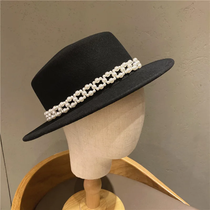 

Korean Version Of Pearl Wool Top Hat British Flat Top Black Jazz Hat