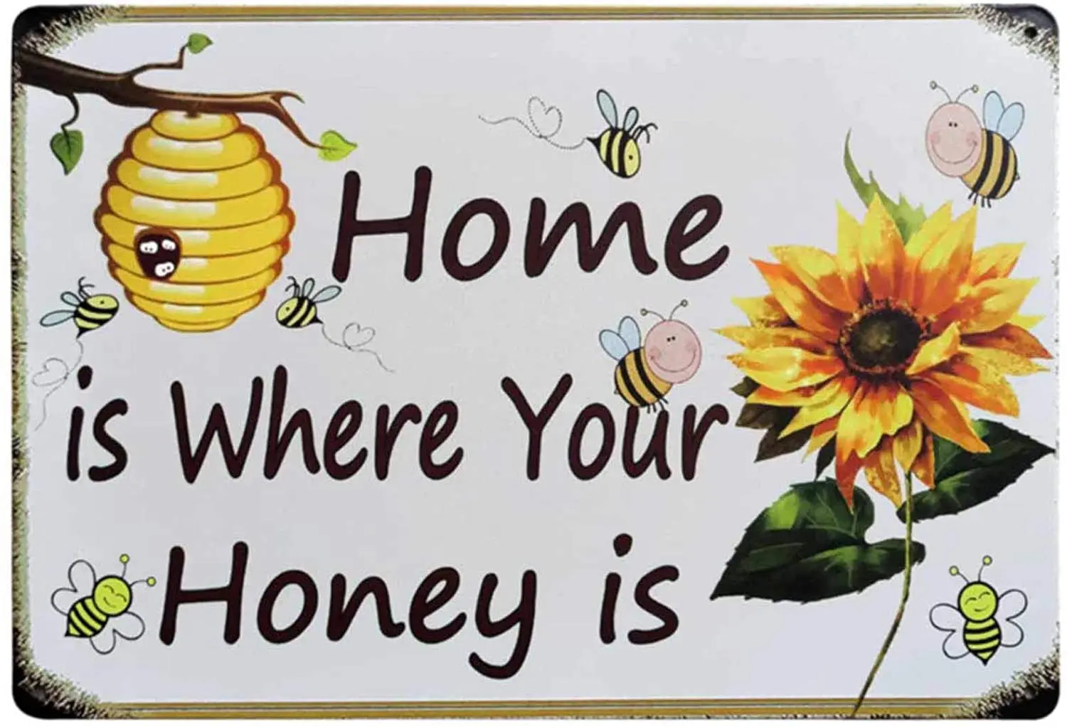 

Home Is Where Your Honey Is Bee Happy Vintage Sunflower Metal Sign Garden Decorative Plaque Farmhouse Country Home Decor 20x30cm