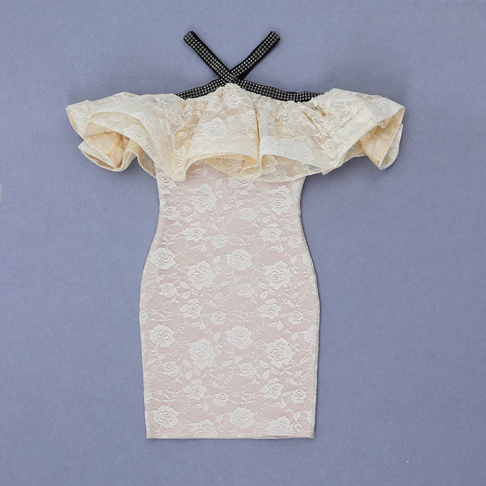 

2019 New Women beige halter off shoulder sleeveless vestidos dress Bodycon bandage dress Celebrity evening dropshipping