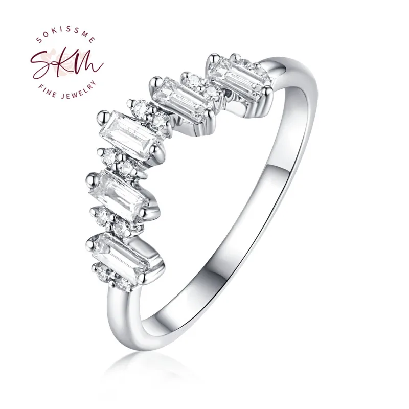 

SKM Curved Baguette wedding band Diamond ring Women Solid white Gold Stacking Dainty Diamond Arc Promise Anniversary Gift