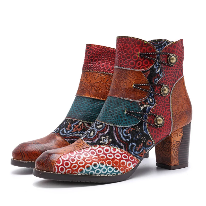 

original national Style Women Western Shoes Color Matching Thick Round Toe Short Boots Large Size Leather Female