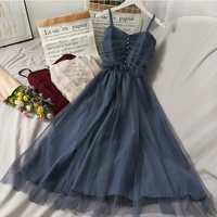 2021 new high waist slim and gentle long mesh sling dress womens spring and summer solid color versatile sleeveless dress