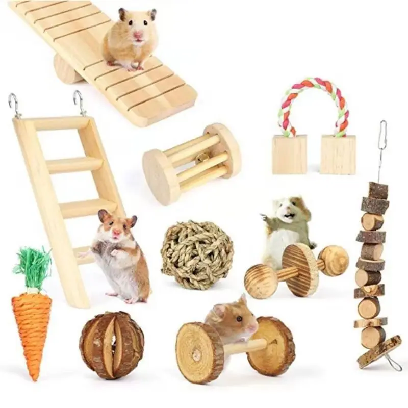 

Hamster Wood Chew Toys Set Dumbells Exercise Bell Roller Wooden Molar Rob Teeth Care Pets Play Accessory for Birds Bunny