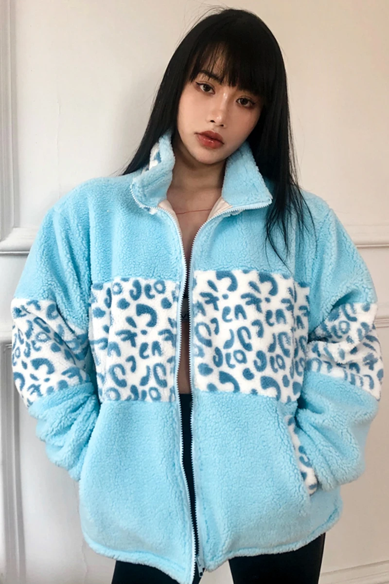

baby blue cow leopard pattern lamb plush loose jacket wild hot girl retro warm hair long sleeve coat winter