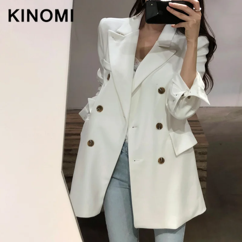 KINOMI модный двубортный Женский блейзер с зубчатым воротником приталенный Офисная