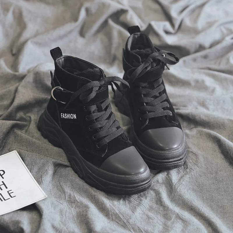 

2019 New Winter Boots Women Shoes Woman Chunky Sneakers Female Lace Up Buckle Thick Bottom Platform Shoes Warm Plush Ankle Boots