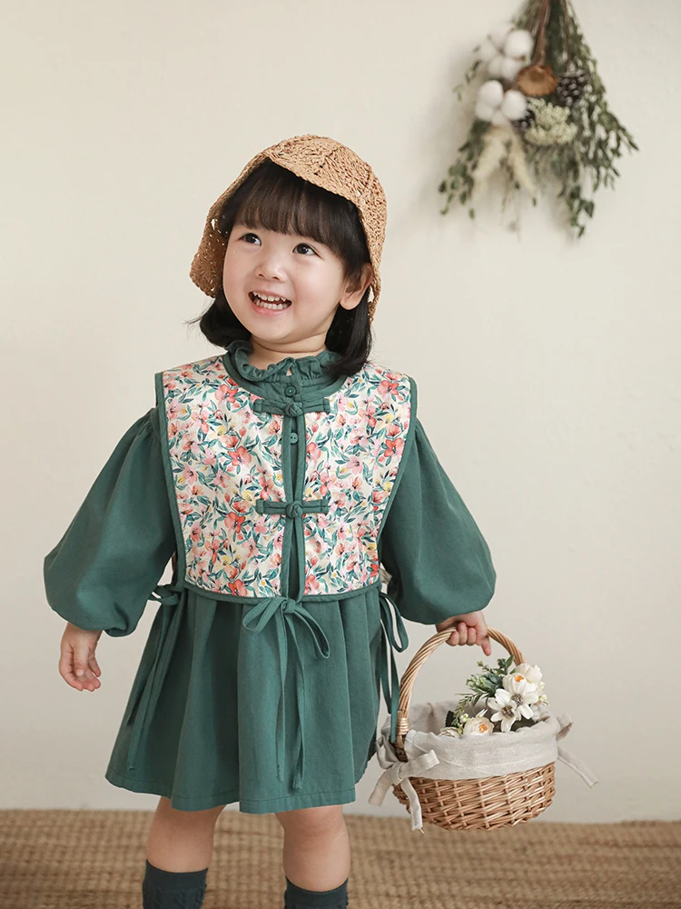 

Girls' Clothes Spring and Autumn Children's 2021 New Baby Retro Sweet Long Sleeve Flower Dress