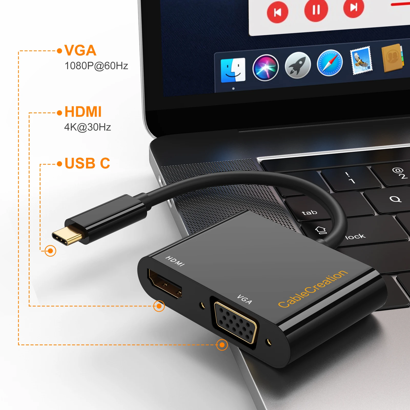 Адаптер CableCreation с USB C на 4K + VGA 1080P @ 60 Гц Type-C подходит для Apple Macbook/HUAWEI P20/Samsung S8 |