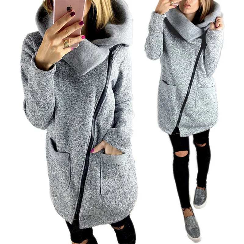 Женская осенне зимняя толстовка на молнии толстая Длинная с капюшоном и отложным