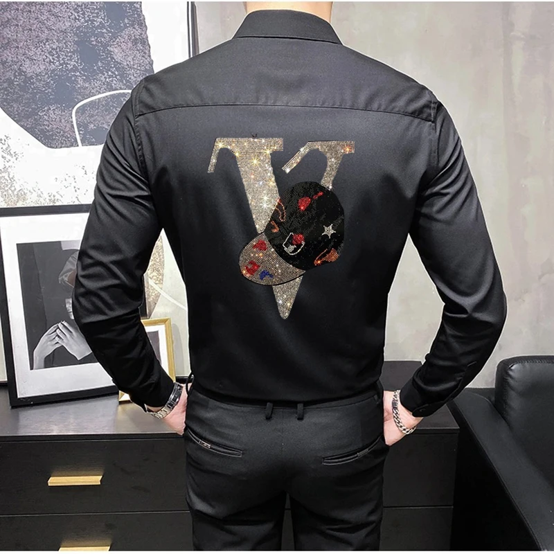 Shirts For Men 2021 Style Autumn Button Design Tops Business Long-Sleeved Rhinestone Skull Brand White Clothes M To 4XL