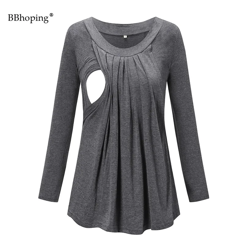 Топы для кормящих матерей серого цвета повседневные рубашки с длинным рукавом и