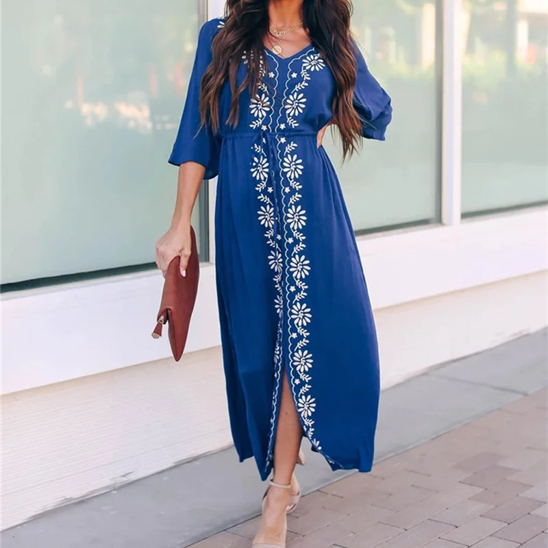 V-neck Floral Embroidery Bikini Cover Up 2022 Women Beach Dress Cotton Long Sarong Pareos Sexy Robe De Plage beachwear Cover-Ups | Женская