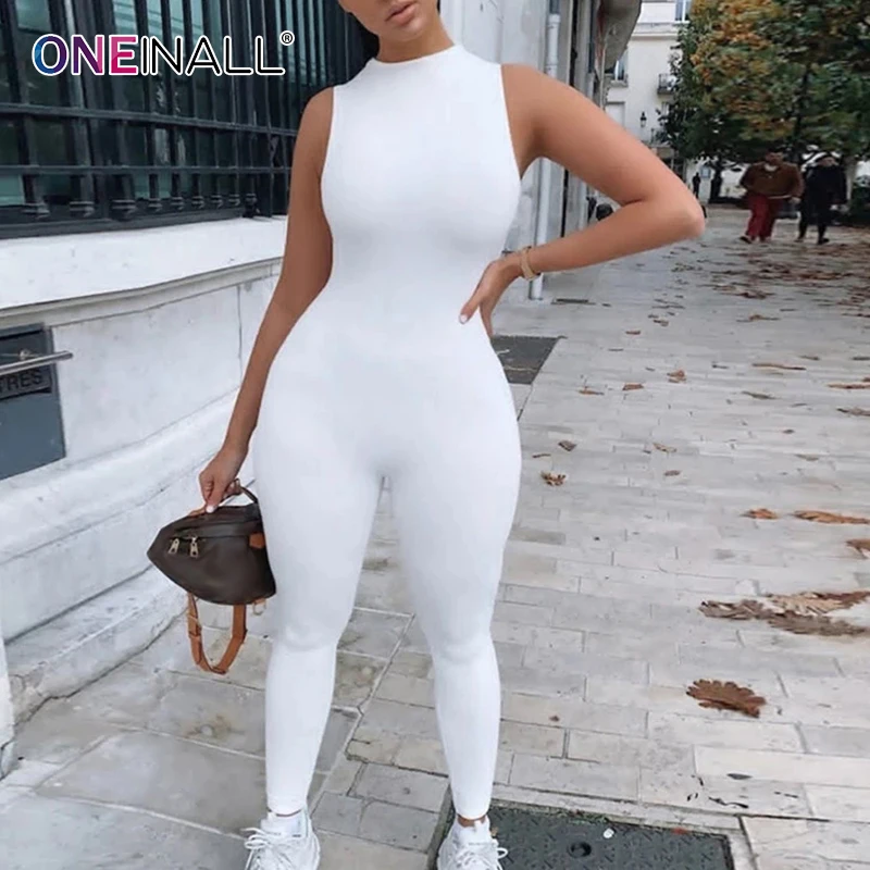 

ONEINALL Skinny Solid Jumpsuit For Women Round Collar Sleeveless High Waist Minimalist Jumpsuits Female Clothes Fashion 2021 New